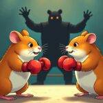 An illustration of two hamsters facing off in an arena with one wearing boxing gloves. The other is holding up its paws as if defending itself from punches while also looking at something behind it that appears to be a large shadowy figure representing venture capital firms looming over the scene, but not directly attacking yet. In the background there are several smaller hamsters watching and cheering on their fellow competitor with one of them being shown in mid-air about to throw its paws up as if celebrating or warning others away from something.