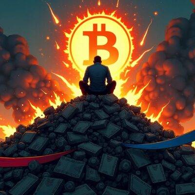 An illustration of an exhausted miner sitting on top of a mountain of broken mining equipment with flames rising from it. The background is dark and ominous while in front of him there are two ribbons crossing each other, one red and one blue. In the distance you can see a cityscape being engulfed by smoke as people run away screaming. A faint image of a Bitcoin logo appears on top of the mountain with its center blown out like an explosion.