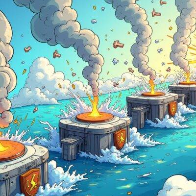 An illustration of a blockchain network being bombarded from all sides by chaotic elements such as tornados, lightning bolts, and waves crashing against it. The chaos is depicted as trying to break through the security measures represented by shields and barriers surrounding the blocks in the chain. In contrast, one part of the blockchain remains calm with peaceful clouds floating above its secure sections indicating a safe haven from the turmoil outside.