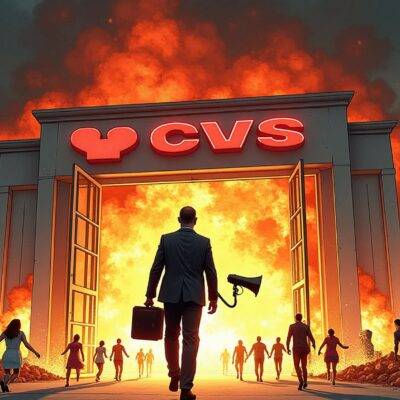 An illustration of a giant CVS pharmacy building with its doors wide open and people fleeing from it as if running away from an explosion; in the background flames engulfing nearby buildings while smoke billows up into dark grey clouds. A figure dressed like Scott Ferguson, holding a briefcase and wearing sunglasses, stands at the entrance looking out over his kingdom of destruction. In one hand he holds a megaphone with which he is shouting to no one in particular;