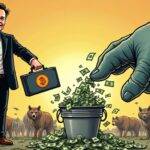 An illustration of a giant hand pouring money into an overflowing bucket labeled with a bitcoin logo while Elon Musk stands nearby smiling and holding a briefcase full of cash; hedge funds represented as various animals (e.g., wolves, bears) are shown in the background looking worried or fleeing from the scene