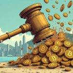 An illustration of an old-fashioned, ornate hammer smashing a pile of fake company logos and bitcoin coins in mid-air. The background shows Hong Kong's skyline with skyscrapers crumbling into dust as if affected by the impact. A faint image of a Ponzi scheme diagram is visible among the debris at the bottom left corner. In the foreground, two figures are shown being dragged away from the scene while looking back at it, one holding a briefcase and the other clutching an OM token.
