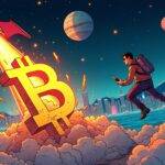 An illustration showing an investor wearing sunglasses and holding onto a rocket ship with flames coming out of its back as it blasts off into space while in front of them there's a giant bitcoin symbol crashing down towards earth amidst clouds of smoke and debris; above their head, two opposing arrows are pointing up and down respectively. The background is filled with stars and planets moving rapidly past the scene. In the distance, Hong Kong cityscape can be seen as it glows brightly in shades of blue and purple hues at night time.