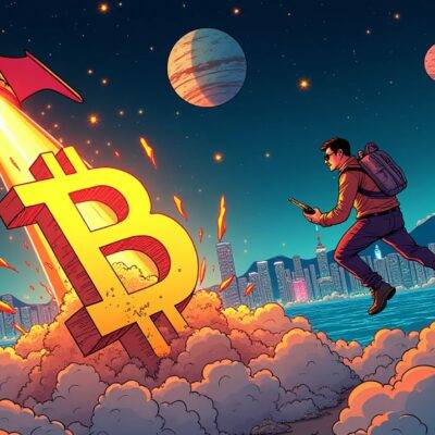 An illustration showing an investor wearing sunglasses and holding onto a rocket ship with flames coming out of its back as it blasts off into space while in front of them there's a giant bitcoin symbol crashing down towards earth amidst clouds of smoke and debris; above their head, two opposing arrows are pointing up and down respectively. The background is filled with stars and planets moving rapidly past the scene. In the distance, Hong Kong cityscape can be seen as it glows brightly in shades of blue and purple hues at night time.