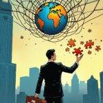 An illustration of Johnny Ng Kit-chong standing in front of a cityscape with skyscrapers representing Hong Kong's financial district; he is holding a briefcase labeled "DAO Regulation" while looking upwards at a giant web-like structure above him, symbolizing Web3. In his hand, there are also several puzzle pieces that fit together to form the shape of a globe, indicating global connections and regulation. The cityscape behind him has various symbols representing different countries around the world;