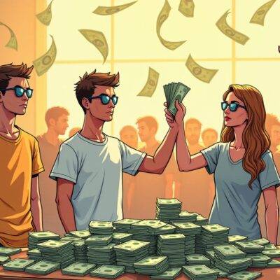 An illustration of four individuals in casual clothing standing around a table with stacks of banknotes on it; one person is holding up a large wad of cash while the others look at them seemingly unimpressed or confused. In the background, there's an image of cryptocurrency prices fluctuating wildly and people looking worried as they stare at their phones displaying these changes. The individuals are all wearing casual summer clothing with sunglasses on to give off a relaxed vibe but also appear somewhat out of place amidst the chaos in the background.