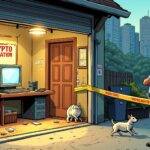 An illustration of a grandmother's garage with an old computer on a table next to a sign that says "Crypto Operation" while being surrounded by police tape; there are also some cryptocurrency symbols scattered around the floor in front of it; outside is written "$100 Licensing Fee". The background shows Hong Kong cityscape.  In the foreground, two officers from the SFC stand with their arms crossed looking at each other and shaking their heads as they look back at the garage operation. A small dog runs out of the garage while a cat looks down from an upstairs window;