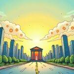 An illustration depicting a cityscape with skyscrapers and financial buildings, but also showing signs of growth in blockchain technology: green shoots sprouting from cracks on roadsides. A virtual bank building stands out among others, symbolizing innovation within traditional finance structures. The sky is filled with clouds shaped like Bitcoin (BTC) symbols, while the sun shines through a gap between them, representing optimism and potential for Web3 development despite regulatory challenges.