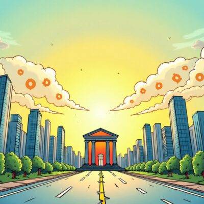 An illustration depicting a cityscape with skyscrapers and financial buildings, but also showing signs of growth in blockchain technology: green shoots sprouting from cracks on roadsides. A virtual bank building stands out among others, symbolizing innovation within traditional finance structures. The sky is filled with clouds shaped like Bitcoin (BTC) symbols, while the sun shines through a gap between them, representing optimism and potential for Web3 development despite regulatory challenges.
