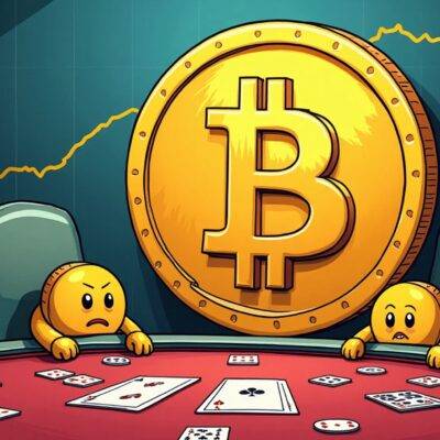 An illustration of a large Bitcoin sitting at a poker table surrounded by empty chairs and scattered playing cards, with six smaller Bitcoins each representing a different area of focus for HTX Ventures (BTCFi, multichain infrastructure, etc.) standing around it looking confused or disinterested; in the background, a graph showing slow growth