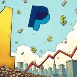 A cartoon PayPal logo is shown soaring above a cityscape with dollar signs raining down around it. In the foreground, a giant number '1' in bold font hovers over a graph showing an upward trend.