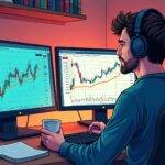 An illustration of a person sitting at a desk with two computers in front of them: one displaying charts from 2017-2022 on perpetual futures trading platforms (e.g., Binance Futures) while another displays institutional market data. The trader is looking back-and-forth between the screens, wearing headphones and holding a coffee cup as they appear to be reflecting on their experiences. In the background there are scattered papers with notes from past trades, charts of different cryptocurrencies, and books about trading strategies. A ramen noodle bowl sits empty in front of them.