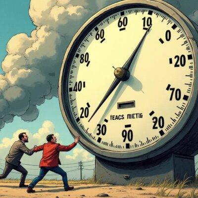 An illustration of a giant electricity meter with its needle spinning wildly out of control, surrounded by swirling clouds of pollution and smokestacks emitting dark fumes; in the foreground, two economists are shown trying to grasp hold of the meter's handle while being buffeted about by strong gusts of wind