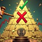 An illustration of a judge's gavel striking down an image of a red "X" over a cryptic Ponzi scheme pyramid with people falling off its sides and landing safely in their own wallets amidst rising cryptocurrency symbols, all set against a backdrop of Indian law books. A green checkmark rises from the base of the pyramid into the air as it crumbles. The scene is filled with ascending arrows indicating growth and stability. In the foreground, an image of India's national emblem appears on top of a stack of coins representing legal clarity amidst rising cryptocurrency symbols.