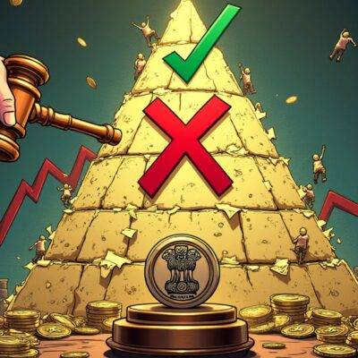 An illustration of a judge's gavel striking down an image of a red "X" over a cryptic Ponzi scheme pyramid with people falling off its sides and landing safely in their own wallets amidst rising cryptocurrency symbols, all set against a backdrop of Indian law books. A green checkmark rises from the base of the pyramid into the air as it crumbles. The scene is filled with ascending arrows indicating growth and stability. In the foreground, an image of India's national emblem appears on top of a stack of coins representing legal clarity amidst rising cryptocurrency symbols.