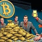 An illustration: A group of people are shown with shocked expressions on their faces as they look through a pile of seized assets, including bags of money, gold bars, and laptops, while in the background an image of a cryptocurrency logo appears to be melting away. One person holds up a phone displaying a "404" error message. The scene is set against a dark blue background with faint lines suggesting a computer screen or a digital interface. A few people are shown trying to hide behind others as if they're guilty, while one figure in the back looks like it's about to be caught by authorities.