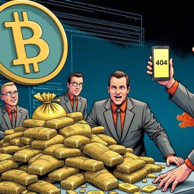 An illustration: A group of people are shown with shocked expressions on their faces as they look through a pile of seized assets, including bags of money, gold bars, and laptops, while in the background an image of a cryptocurrency logo appears to be melting away. One person holds up a phone displaying a "404" error message. The scene is set against a dark blue background with faint lines suggesting a computer screen or a digital interface. A few people are shown trying to hide behind others as if they're guilty, while one figure in the back looks like it's about to be caught by authorities.
