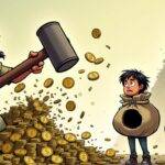 An illustration: A cartoon Indian authority figure is shown holding a large hammer and smashing down on an overflowing money bag with cryptocurrency coins spilling out from it in all directions; nearby are two people looking worried as they hold onto their own bags of cash which have been partially torn open, revealing empty spaces where the missing funds were once held. In the background there's a faint image of a Ponzi scheme pyramid collapsing and crumbling to dust.