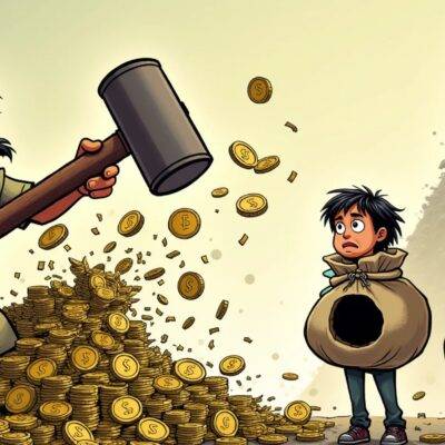 An illustration: A cartoon Indian authority figure is shown holding a large hammer and smashing down on an overflowing money bag with cryptocurrency coins spilling out from it in all directions; nearby are two people looking worried as they hold onto their own bags of cash which have been partially torn open, revealing empty spaces where the missing funds were once held. In the background there's a faint image of a Ponzi scheme pyramid collapsing and crumbling to dust.