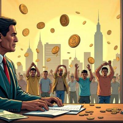 An illustration of an Indian court judge sitting behind his desk, looking out the window to see people running away from falling coins in all directions while others are holding onto their heads as if they're about to be hit. In the background a cityscape with skyscrapers and billboards displaying cryptocurrency logos. The judge's expression is calm but concerned. A faint image of an Indian flag can be seen on his desk, partially hidden by papers. On one side of him there are piles of books and files while on the other side lies a small pile of coins amidst scattered currency notes.