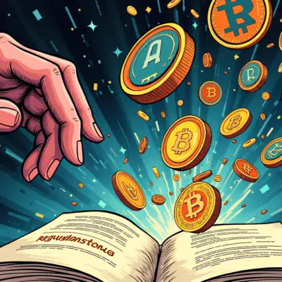A cartoonish illustration of a giant hand reaching out to grasp various cryptocurrencies (represented as colorful coins and tokens) floating away from an open book labeled 'Regulations'. The background is a swirling mix of digital patterns, symbolizing uncertainty.
