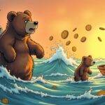 An illustration: A large bear is seen walking away from a sinking ship with an anchor labeled "BTC" in it while another smaller bear runs towards a rising buoyant boat labelled "ETH". The background shows waves and the sun setting on the horizon indicating recovery. In the foreground are coins of different denominations floating upwards, some being caught by the small bear running to ETH's side. A few fish swim away from the sinking ship with an anchor in it while others jump into the rising buoyant boat labelled "ETH". The two bears have a contrasting expression on their faces;
