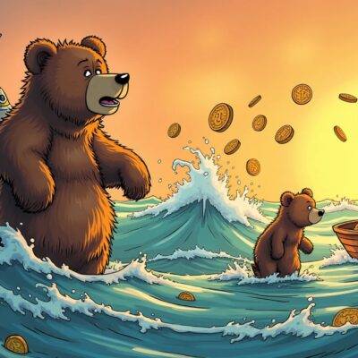 An illustration: A large bear is seen walking away from a sinking ship with an anchor labeled "BTC" in it while another smaller bear runs towards a rising buoyant boat labelled "ETH". The background shows waves and the sun setting on the horizon indicating recovery. In the foreground are coins of different denominations floating upwards, some being caught by the small bear running to ETH's side. A few fish swim away from the sinking ship with an anchor in it while others jump into the rising buoyant boat labelled "ETH". The two bears have a contrasting expression on their faces;