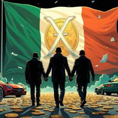 An illustration of a darknet marketplace with three figures arrested at its center; one figure is handcuffed while two others are being led away by authorities amidst scattered cryptocurrency coins, luxury watches, and high-powered vehicles. A large X symbol marks the site as seized, surrounded by shattered glass and debris indicating chaos and disruption. The background features an Irish flag waving in the wind with a faint image of Bitcoin's logo distorted beyond recognition to convey its decline.