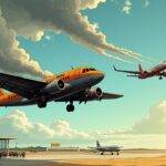 An illustration of an old, worn-out plane flying low in the sky with smoke coming out from its engines while behind it flies a sleek modern jet leaving contrails that form into dollar signs. The background is filled with dark grey clouds representing uncertainty or danger. In contrast to this scene, below and far away on the horizon there's a sunny landscape where people are walking towards an airport terminal in happiness. A small plane can be seen landing safely at one of its gates while passengers disembark smiling.