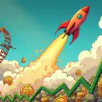 A stylized illustration depicting a rocket soaring upwards with a trail of money bags and coins behind it, while interest rates are shown plummeting downwards in the background like a rollercoaster track. In the foreground, Bitcoin's price chart is rising sharply, punctuated by green arrows indicating growth.