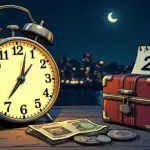 A clock strikes midnight, with a calendar page turning from August 25 to August 26. A suitcase is packed and ready for travel, but it's still locked shut. In the background, a cityscape of Mumbai at night glows dimly, while in the foreground, an Indian rupee note lies on top of a pile of cryptocurrency coins.
