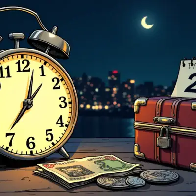 A clock strikes midnight, with a calendar page turning from August 25 to August 26. A suitcase is packed and ready for travel, but it's still locked shut. In the background, a cityscape of Mumbai at night glows dimly, while in the foreground, an Indian rupee note lies on top of a pile of cryptocurrency coins.