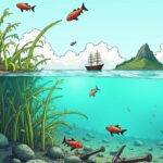 An illustration of an economy growing out from under water as fish and seaweed are lifted upwards by rising bubbles. The sea floor is littered with old anchors representing stagnation while a few new ships sail in the distance indicating growth. A strong gust blows through lifting some debris into the air but leaving others stuck on the ground, symbolizing uneven recovery. In the background an island rises from the horizon as tourism and foreign investment bring prosperity to Japan's shores.
