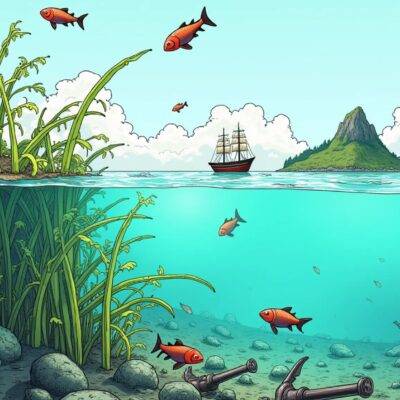 An illustration of an economy growing out from under water as fish and seaweed are lifted upwards by rising bubbles. The sea floor is littered with old anchors representing stagnation while a few new ships sail in the distance indicating growth. A strong gust blows through lifting some debris into the air but leaving others stuck on the ground, symbolizing uneven recovery. In the background an island rises from the horizon as tourism and foreign investment bring prosperity to Japan's shores.