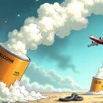 An illustration of a giant talcum powder can with an open lid, releasing white clouds into the air as it falls towards bankruptcy court in Texas, while above it flies a plane carrying 75% support votes from claimants and below it crawls a snake representing asbestos claims that have been excluded. The background is filled with swirling stormy weather symbolizing J&J's turbulent legal battles. A smaller talcum powder can at the bottom of the illustration has "safe" written on its side, while another one in the distance bears an X marked through it signifying cancer-causing allegations.