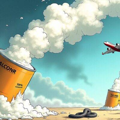 An illustration of a giant talcum powder can with an open lid, releasing white clouds into the air as it falls towards bankruptcy court in Texas, while above it flies a plane carrying 75% support votes from claimants and below it crawls a snake representing asbestos claims that have been excluded. The background is filled with swirling stormy weather symbolizing J&J's turbulent legal battles. A smaller talcum powder can at the bottom of the illustration has "safe" written on its side, while another one in the distance bears an X marked through it signifying cancer-causing allegations.