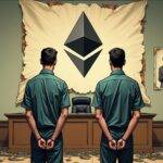 An illustration of two brothers in prison uniforms standing back-to-back with their hands cuffed behind them looking out at an empty courtroom where the judge's chair sits alone; above them hangs a large, torn and faded Ethereum logo while to their left lies a pile of scattered crypto coins surrounded by broken chains; below them is a calendar page showing October 14th circled in red. A faint image of two men with similar features but smiling can be seen on the wall behind them as if they were once happy together before being torn apart, now faded and peeling off like old wallpaper.
