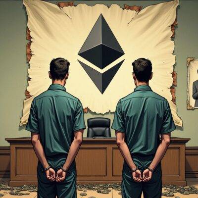 An illustration of two brothers in prison uniforms standing back-to-back with their hands cuffed behind them looking out at an empty courtroom where the judge's chair sits alone; above them hangs a large, torn and faded Ethereum logo while to their left lies a pile of scattered crypto coins surrounded by broken chains; below them is a calendar page showing October 14th circled in red. A faint image of two men with similar features but smiling can be seen on the wall behind them as if they were once happy together before being torn apart, now faded and peeling off like old wallpaper.