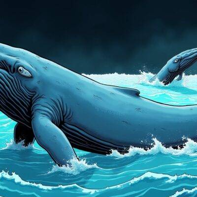 An illustration of a large whale swimming in an ocean filled with waves labeled as 'Market Fluctuations'. A smaller fish, representing Jump Trading, swims alongside it but appears to be heading towards shore. The background is darkened while the foreground remains bright, indicating uncertainty and turmoil respectively. In the distance, two other whales are seen jumping out of the water; one represents Paradigm VC with a red splash behind it signifying loss or sell-off, while another whale in blue signifies liquidity provision for trading activities across exchanges.
