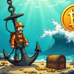 A cartoon miner is shown underwater, surrounded by sinking coins and a dwindling treasure chest. A giant anchor weighs him down, while in the background, a massive wave crashes over a Bitcoin logo.