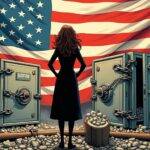 An illustration of Kamala Harris standing in front of an American flag with chains and locks wrapped around it; she is surrounded by three broken bank vaults, each labeled 'Silicon Valley Bank', 'Silvergate' and 'Signature'; a large hammer lies at her feet next to a pile of rubble. In the background, two figures are seen walking away from the scene carrying briefcases marked with economic policy documents. The overall atmosphere is dark and ominous. A faint image of an X post can be seen on one side of the illustration.