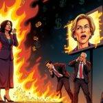 An illustration of Kamala Harris standing on stage at a podium with flames engulfing her body from head to toe while Anthony Scaramucci stands offstage looking relieved and holding his ears as if trying to block out an unbearable noise. In the background, Senator Elizabeth Warren is shown being dragged away by two men in suits. Gary Gensler's face can be seen on a TV screen behind Kamala Harris with flames licking at its edges. The scene is set against a darkened backdrop of cryptic symbols and dollar signs swirling together in chaos.