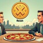 An illustration: A large pizza with a broken price tag on top of it sits in front of an empty chair at a table where two people are sitting across from each other, one wearing a suit and tie while the other is dressed more casually. The person in casual clothes has their arm around the back of the chair as if they're about to get up but hasn't yet. In the background there's a cityscape with buildings that resemble those found in Silicon Valley. A large cryptocurrency symbol (a stylized letter "X") hangs above them, and below it is written 'Reset' in bold letters.
