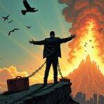 An illustration of a man (Kim Dotcom) standing on top of New Zealand with his arms outstretched as he looks back at the country below him; behind him is an image of the United States rising up from the horizon like a giant, its outline formed by flames and smoke; in front of Kim Dotcom are two large suitcases being dragged away by chains towards the U.S. silhouette while above them flies a flock of birds with dollar signs on their wings;