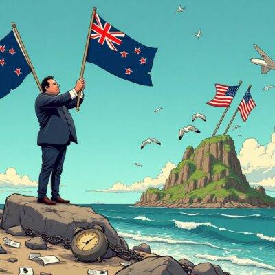 An illustration of Kim Dotcom standing on top of an island with New Zealand's landscape visible behind him; he is holding onto the country by its flag while a plane flies away from his feet carrying US flags, as waves crash against rocks below and seagulls fly overhead in protest; to one side stands a large clock ticking down towards midnight.  In the foreground, scattered papers are blowing around with dollar signs on them amidst broken chains representing freedom.