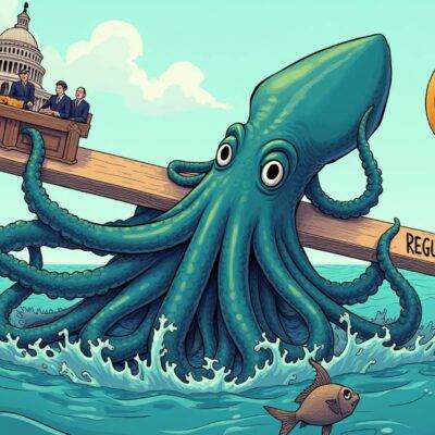 An illustration: A large squid (Kraken) wrapped around a seesaw with one side labeled 'SEC' and the other side labeled 'Regulation', both sides are sinking into the ocean as they struggle to balance, in the background there's an image of Congress debating on a ship. The squid has its tentacles holding onto two digital assets floating above the water: Bitcoin and Ethereum. In the distance, a school of fish swim away from the chaos with dollar signs attached to their fins. A faint outline of Monday morning traffic can be seen in the background through the ocean's surface.