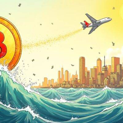 An illustration of a giant Bitcoin coin floating above an ocean with waves made out of US dollar bills crashing against it; in the background, a cityscape with skyscrapers representing financial institutions rising up towards the sky as if drawn by a child's crayon strokes and filled with tiny people waving money around. The sun is shining down on everything casting long shadows across the scene while an airplane flies overhead leaving behind a trail of glittering confetti in its wake;