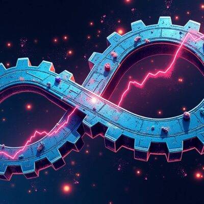 An illustration of a gear turning into an infinity symbol while surrounded by swirling cryptocurrency values with some assets rising and others falling but all stabilizing around the central infinity symbol which represents Gearbox Protocol's aim at establishing itself as the leverage layer for the entire DeFi ecosystem, enhancing asset utilization while providing users with more flexibility and opportunities within the DeFi space. The gear is depicted in a futuristic style with neon lights reflecting off its metallic surface, conveying a sense of innovation and cutting-edge technology.