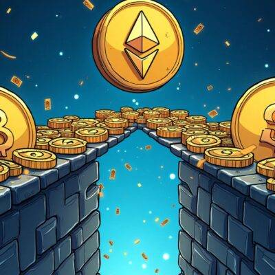 An illustration of two chains; one with Ethereum's logo on it (the top chain) connected to another chain with Binance Smart Chain's logo. The connection between them is a bridge made up of blocks, representing Axelar and Wormhole as the canonical solution for bridging Lido Staked ETH to the BNB Chain. A large stETH token in mid-air connects both chains, while on each side there are smaller tokens (representing value locked) flowing towards or away from their respective chain logos.