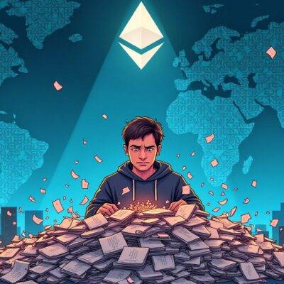 An illustration of a stressed-looking volunteer surrounded by piles of work, with Linea's logo in the background slowly rising above the chaos as Status' team members arrive to help. The scene is set against an image of the Ethereum blockchain unfolding like a map behind them. A faint outline of Vitalik Buterin can be seen watching from afar, smiling slightly at the volunteer's relief. In the foreground, tiny images of transactions and fees are shown being swept away by a gentle breeze as zkEVM technology takes hold in the background. The atmosphere is one of calmness after chaos.